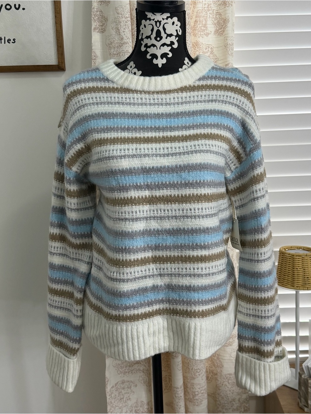 ANA Women’s Cream Striped Crewneck Sweater with Blue and Brown Accents